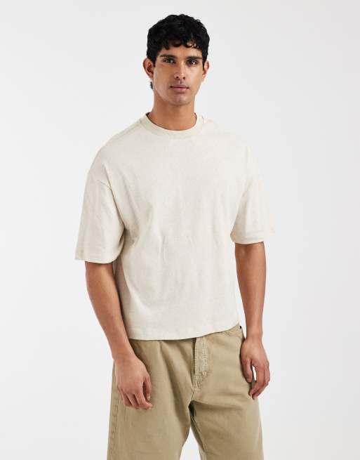 ASOS DESIGN – Beige, boxig t-shirt i oversized fit och linnemix med texttryck baktill , 3 av 5
