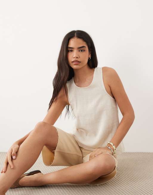 ASOS DESIGN - Beige cami-top med dyb rund ryg med krydsende stropper i hørblanding, 2 af 4
