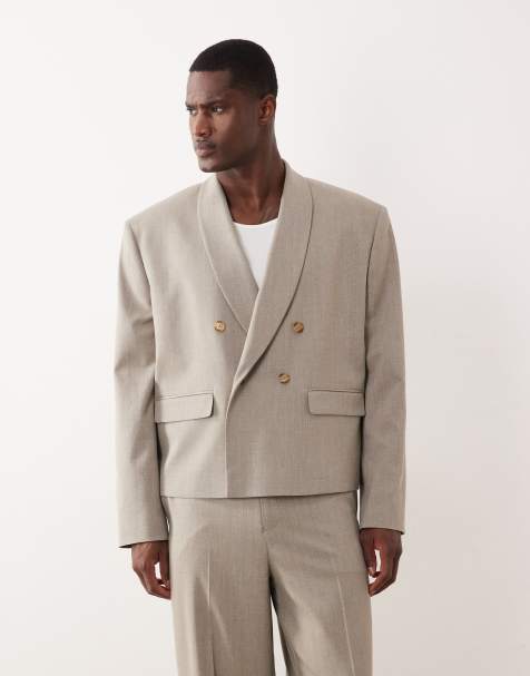 ASOS DESIGN - Beige dobbeltradet firkantet slå-om-habitjakke med sjalskrave og sildebensmønster - view 1