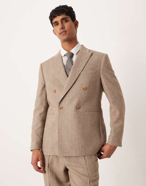 ASOS DESIGN - Beige dobbeltradet habitjakke i regular fit i uldmateriale med sildebensmønster - view 1