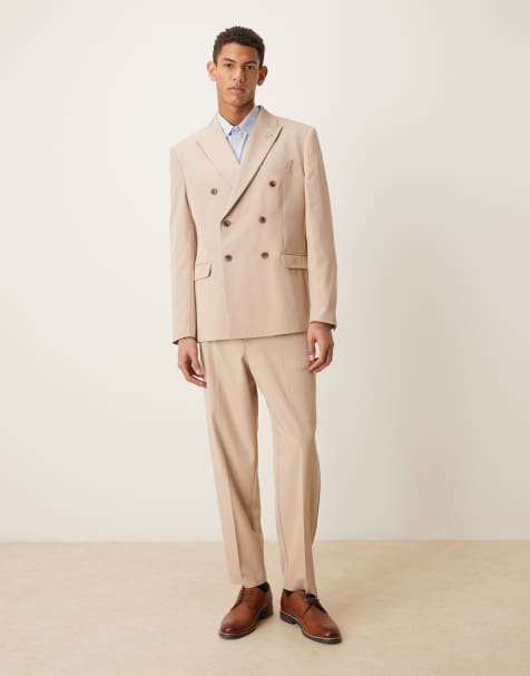 ASOS DESIGN - Beige dobbeltradet jakkesæt i fin twill i regular fit - view 1