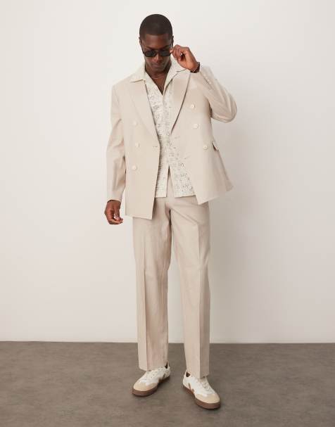 ASOS DESIGN - Beige dobbeltradet jakkesæt i hørblanding i regular fit - view 1