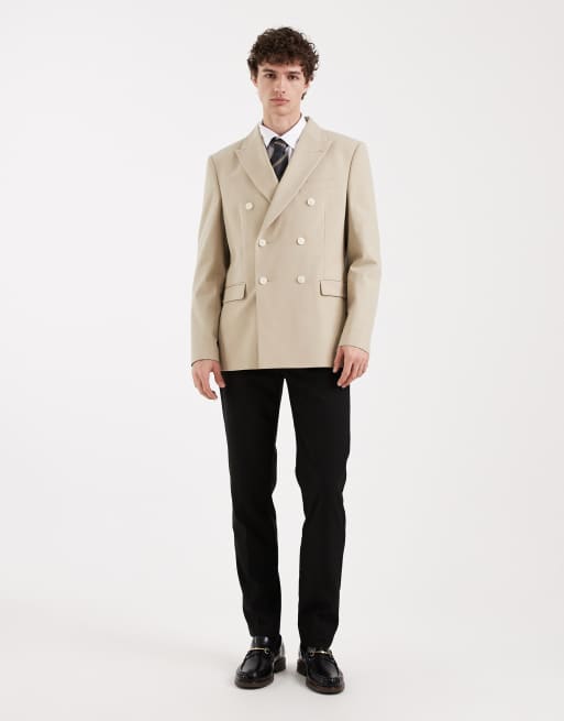 ASOS DESIGN - Beige dobbeltradet regular fit-blazer i twill, 2 af 5