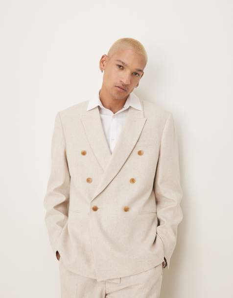 ASOS DESIGN – Beige, dubbelknäppt kavaj i regular fit och linnemix, del av kostym - view 1