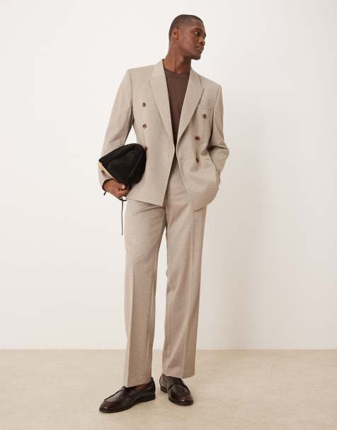 ASOS DESIGN – Beige, dubbelknäppt kostym i twill med normal passform - view 1
