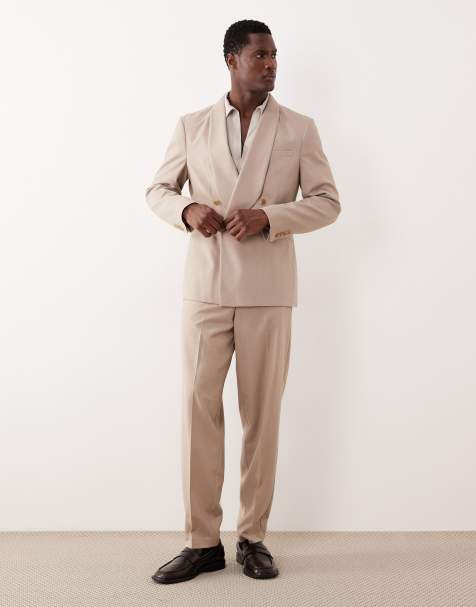 ASOS DESIGN – Beige, dubbelknäppt, regular kostym i flanell - view 1