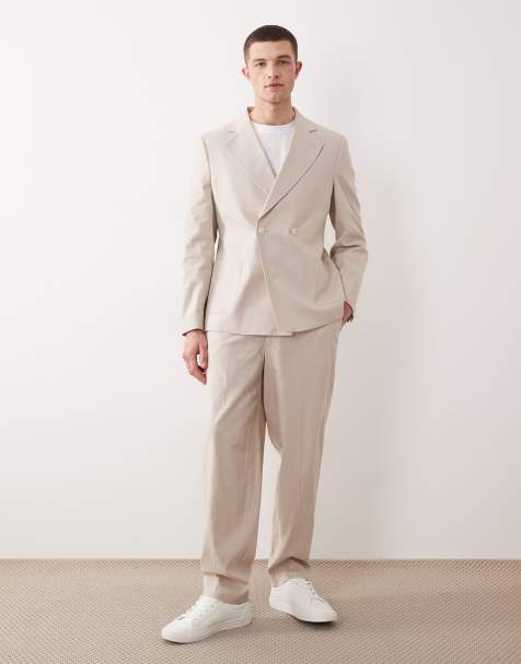 ASOS DESIGN – Beige, dubbelknäppt, slouchy kostym i linnetyg - view 1