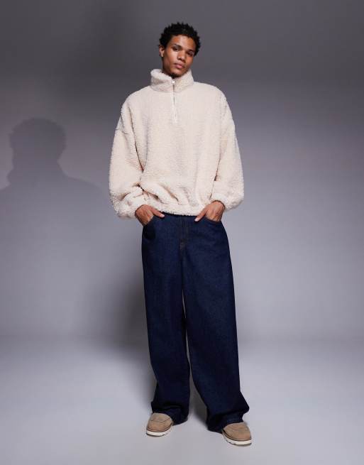 ASOS DESIGN - Beige ekstremt oversized sweatshirt med kvart lynlås og ståkrave i imiteret pels, 2 af 5