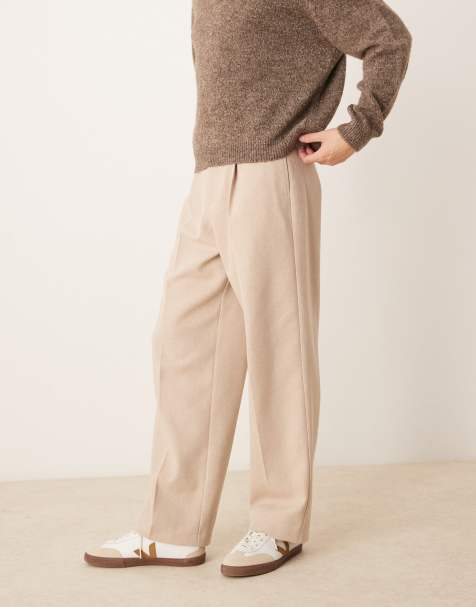 ASOS DESIGN - Beige elegante bukser med brede ben og plisseringer foran i sildebensmønstret uldblanding - view 1