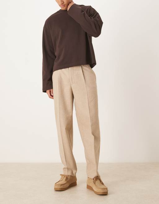ASOS DESIGN - Beige elegante tapered bukser med plisseringer og oversized pasform i uldblanding, 2 af 5