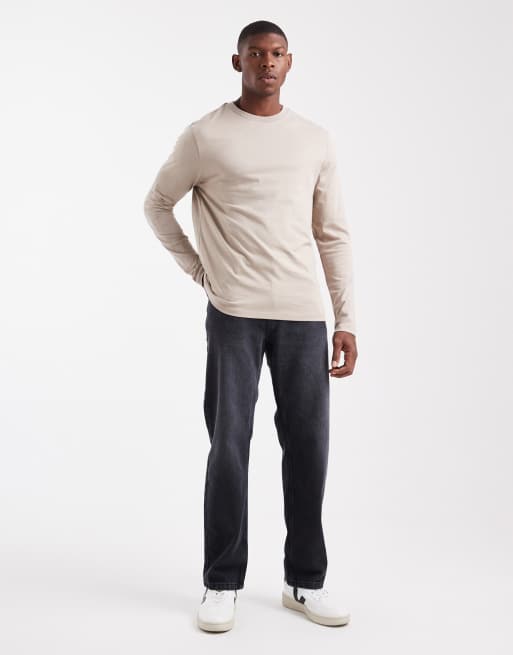 ASOS DESIGN – Beige, enkel t-shirt i regular fit med långa ärmar, 2 av 5