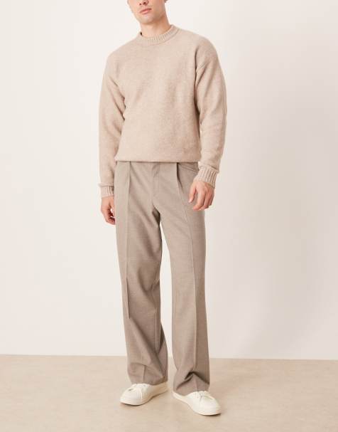 ASOS DESIGN – Beige, figursydda byxor i flanell med vida ben och veck - view 1