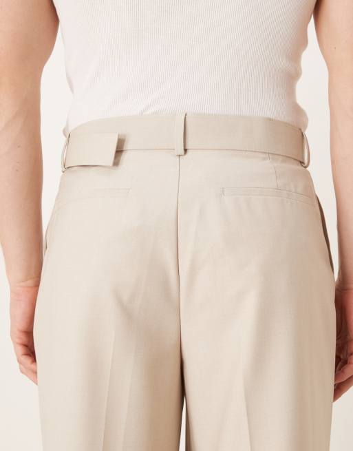 ASOS DESIGN – Beige finbyxor med vida ben, bälte och veck framtill, 5 av 5