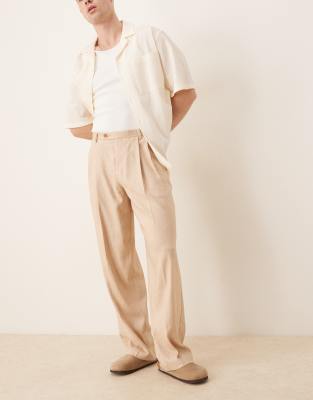 ASOS DESIGN – Beige finbyxor med vida ben, dubbla veck framtill och textur - view 1