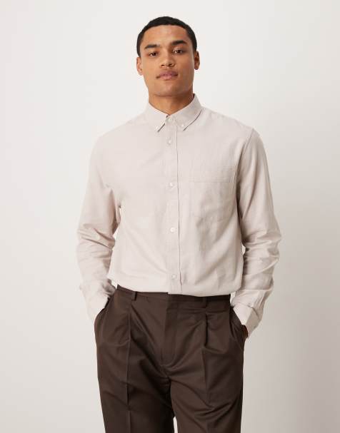 ASOS DESIGN – Beige finskjorta i linnemix och regular fit med pennykrage - view 1
