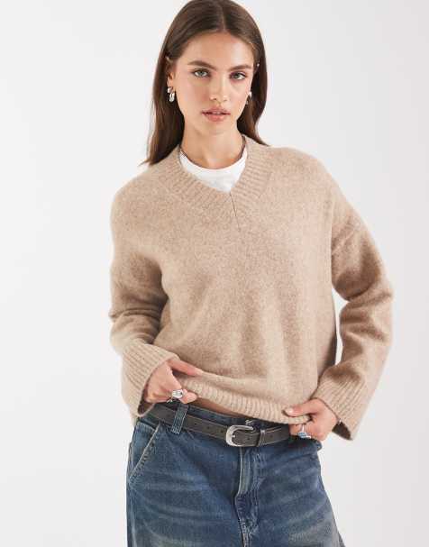 ASOS DESIGN – Beige fiskartröja med ribbad mix och v-ringning - view 1