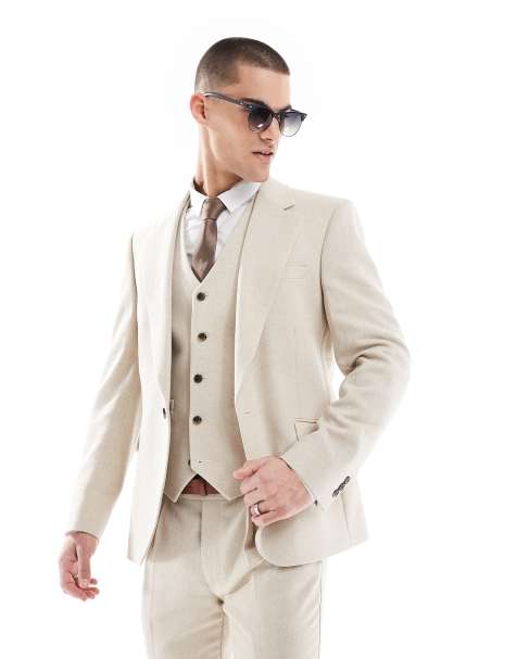 ASOS DESIGN – Beige, fiskbensmönstrad kavaj i ylleblandning med extra smal passform, del av kostym - view 1