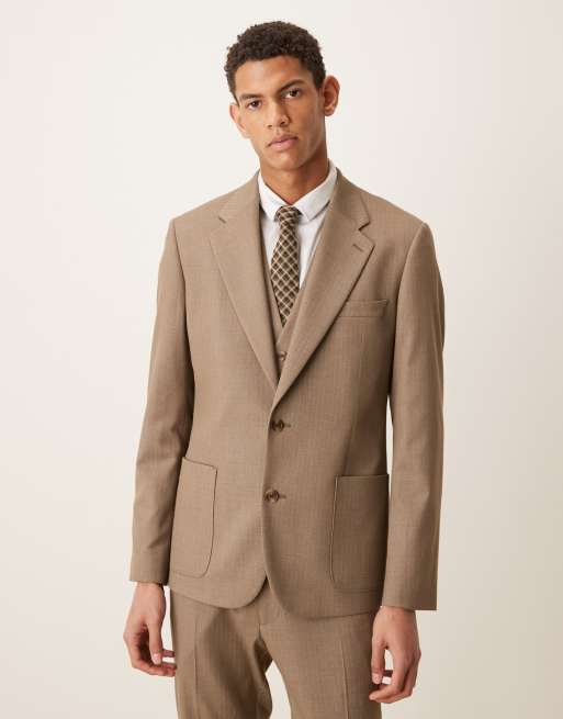 ASOS DESIGN – Beige, fiskbensmönstrad kostym i yllestil med extra smal passform, 3 av 4