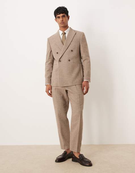 ASOS DESIGN – Beige, fiskbensmönstrad kostym i regular fit - view 1