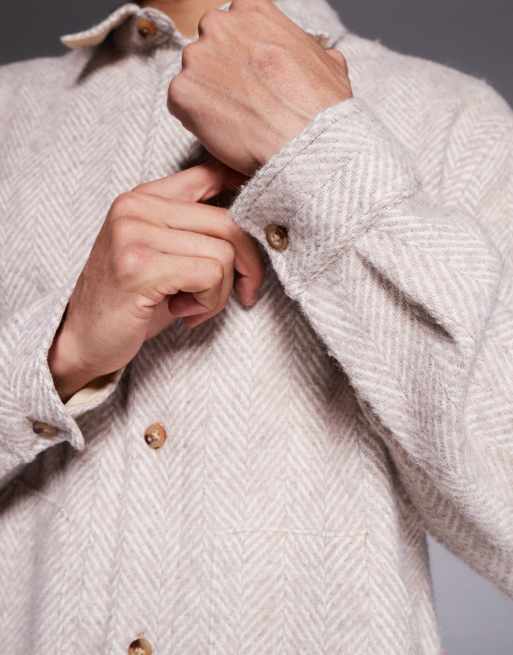 ASOS DESIGN – Beige, fiskbensmönstrad overshirt med textur, 5 av 5