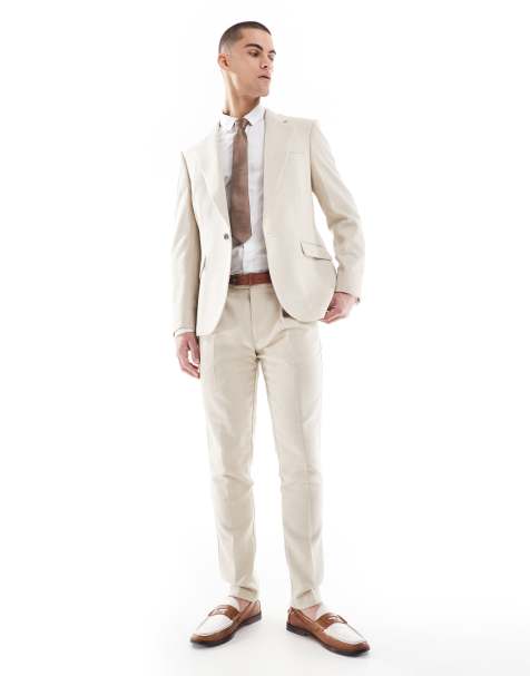 ASOS DESIGN – Beige, fiskbensmönstrade kostymbyxor i ylleblandning med extra smal passform - view 1