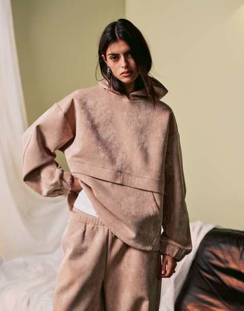 ASOS DESIGN – Beige, glansig huvtröja i scubamaterial, del av set - view 1