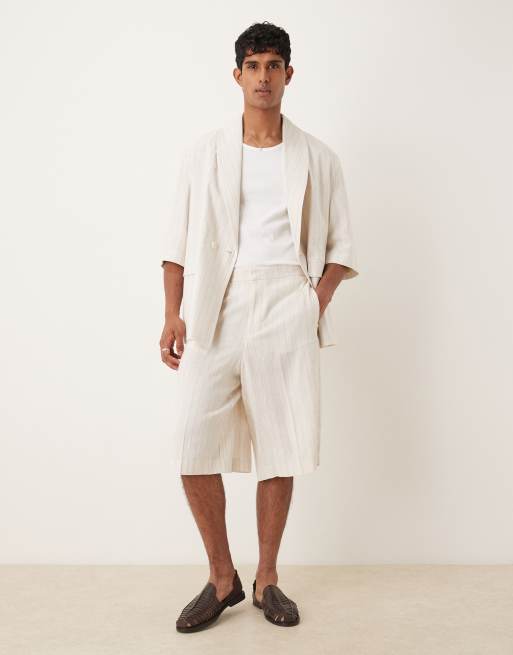 ASOS DESIGN - Beige habitshorts i oversized bermudastil i hørblanding med nålestriber, 2 af 5