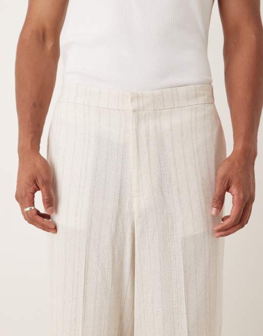 ASOS DESIGN - Beige habitshorts i oversized bermudastil i hørblanding med nålestriber, 4 af 5