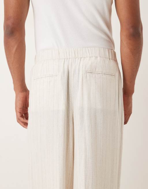 ASOS DESIGN - Beige habitshorts i oversized bermudastil i hørblanding med nålestriber, 5 af 5