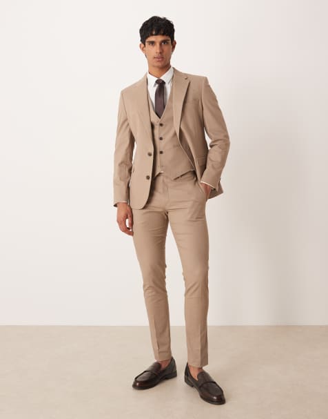 ASOS DESIGN - Beige habitsæt i sildebensmateriale i skinny fit - view 1