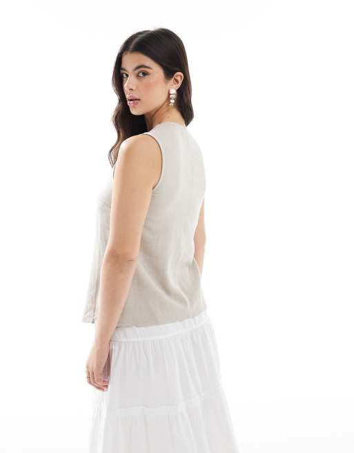 ASOS DESIGN - Beige habitvest med asymmetrisk snit og knapper foran i hørlook, 3 af 4