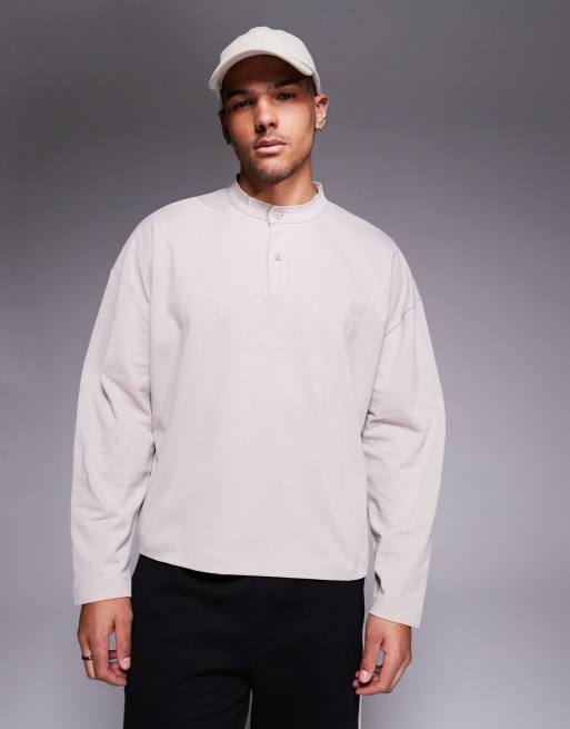 ASOS DESIGN - Beige henley-trøje med sænkede skuldre i kraftigt 240 gsm materiale med oversized og firkantet pasform