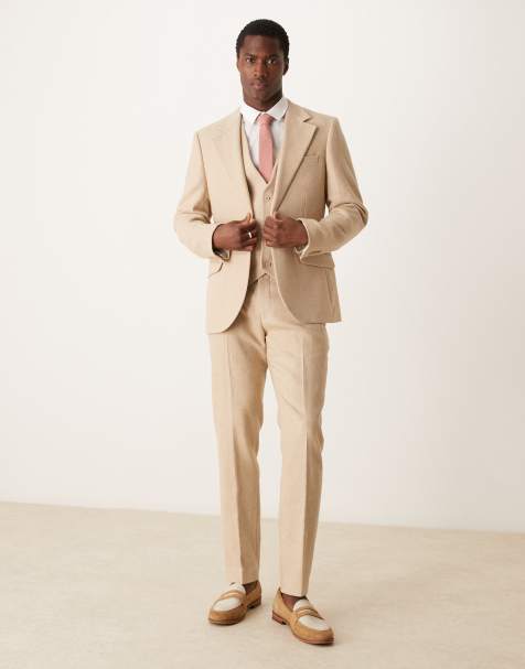 ASOS DESIGN – Beige, hundtandsmönstrad kostym i yllemix med smal passform - view 1