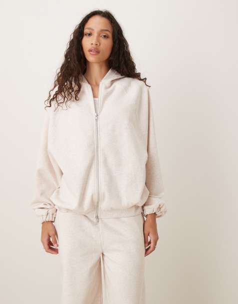 ASOS DESIGN – Beige huvtröja med dragkedja och knytning vid fållen, del av set - view 1