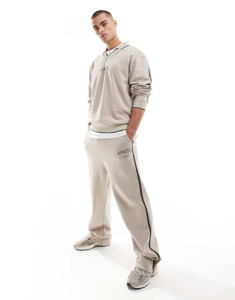 ASOS DESIGN - Beige joggingbukser med vide ben og bånd i siden samt byprint - Del af sæt - view 1