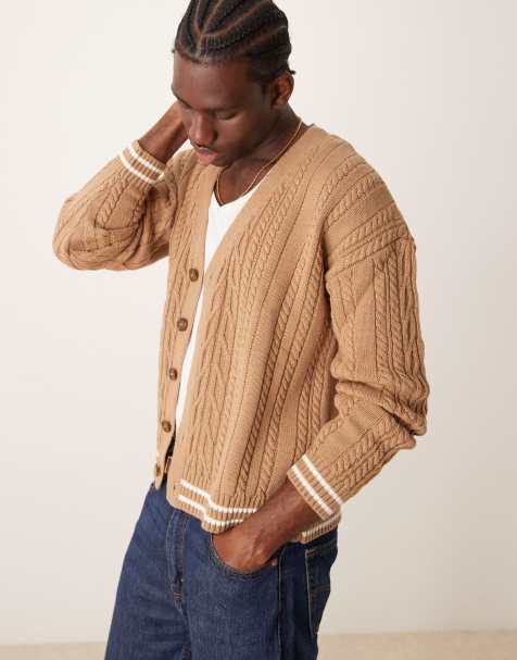 ASOS DESIGN - Beige kabelstrikket cardigan med ecrufarvede kantbånd i afslappet, firkantet pasform - view 1