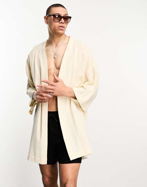 ASOS DESIGN – Beige kimono i linneblandning med textur