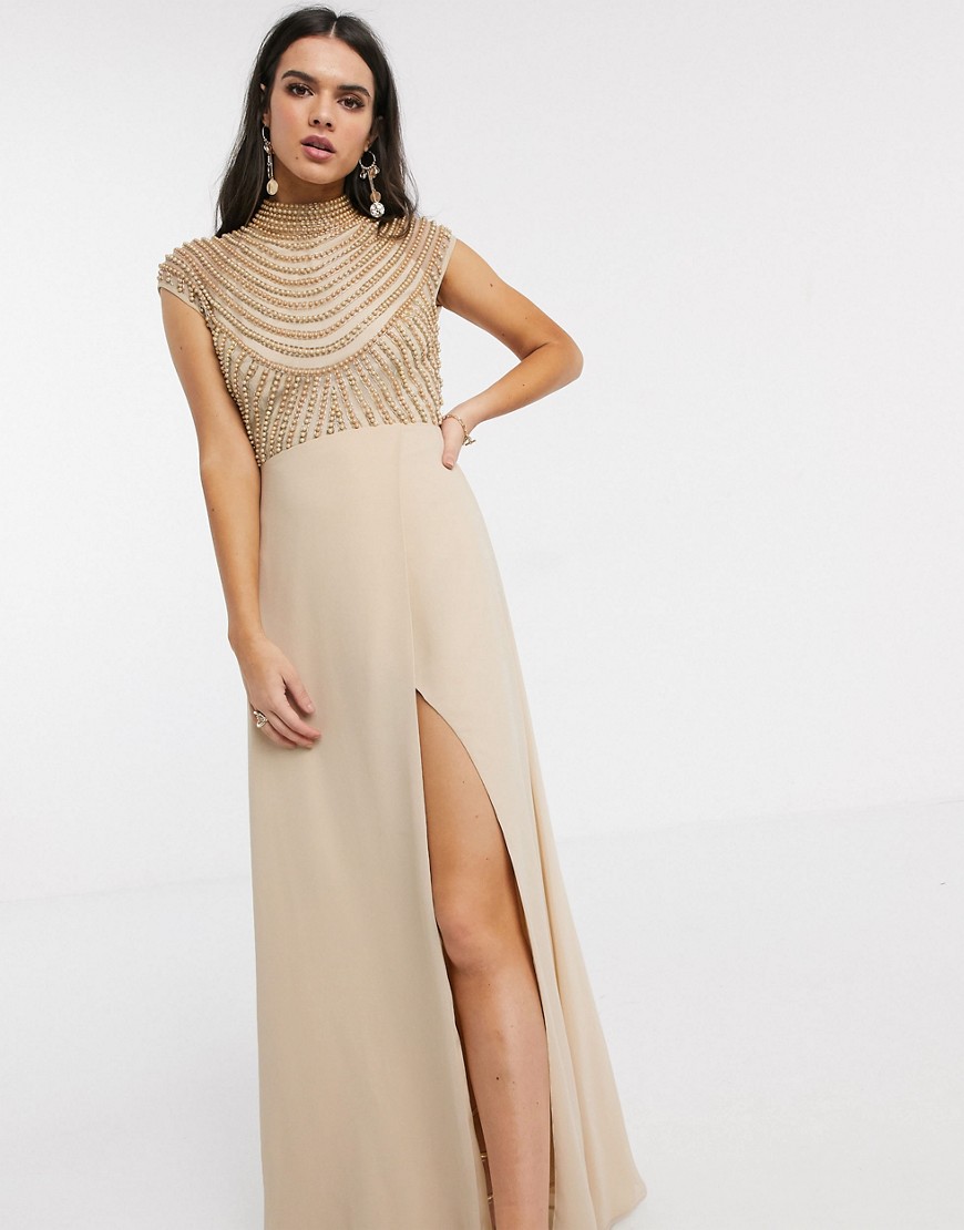 ASOS DESIGN - Beige kjole med høj hals og slå-om-nederdel i maxi lineær udsmykket overdel-Multifarvet
