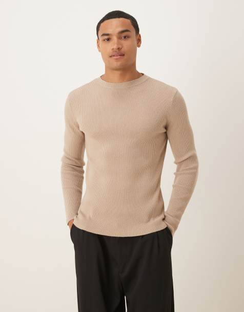 ASOS DESIGN – Beige, kompakt, ribbstickad t-shirt med lång ärm i muscle fit - view 1