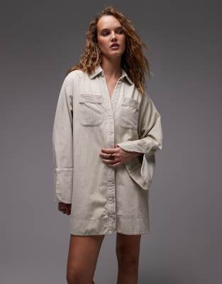 ASOS DESIGN – Beige, kort skjortklänning i manchester med breda ärmslut och stora fickor — klänning med fickor från ASOS