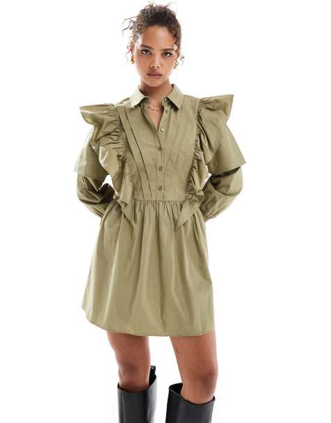 ASOS DESIGN – Beige, kort skjortklänning med volang - view 1