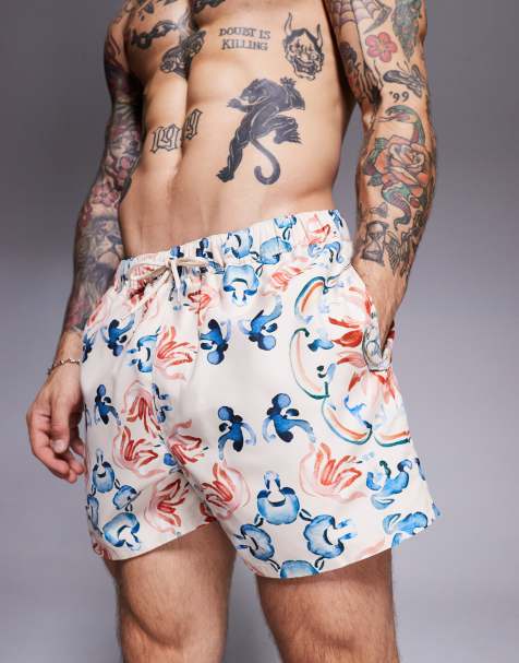 ASOS DESIGN - Beige korte badeshorts med akvarelprint og flisedesign - view 1