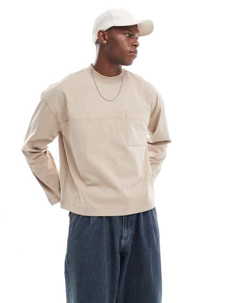 ASOS DESIGN – Beige, kraftig, oversize t-shirt med boxig passform och framficka - view 1