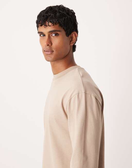 ASOS DESIGN – Beige, kraftig t-shirt med avslappnad passform och långa ärmar med muddar, 4 av 5