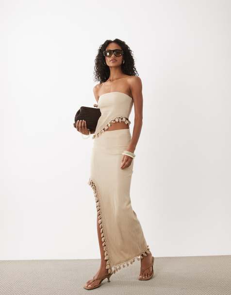ASOS DESIGN – Beige, krinklat set med fransar - view 1