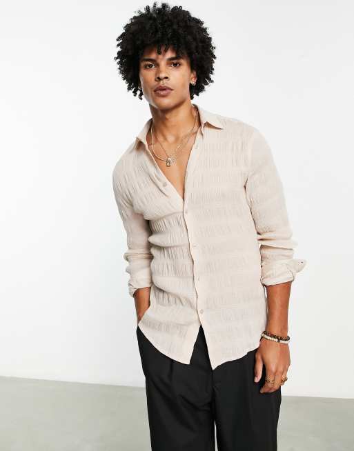 ASOS DESIGN – Beige lång skjorta med supersmal passform och ryschat material, 3 av 4