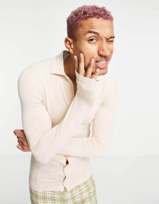ASOS DESIGN - Beige langærmet jerseyskjorte med knapper - BEIGE