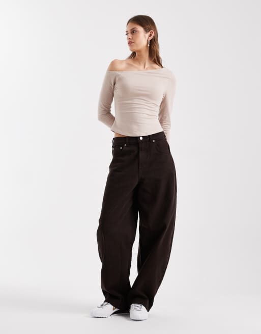 ASOS DESIGN - Beige langærmet offshoulder-top i bomuld, 3 af 4
