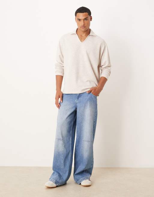 ASOS DESIGN - Beige langærmet oversized polo i loopback-stof, 3 af 4