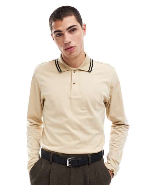 ASOS DESIGN - Beige langærmet polo-T-shirt med kantstribe på kraven - view 1